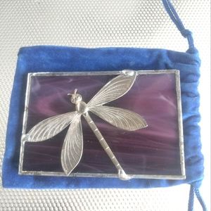 Pocketbook mirror with dragonfly and purple stained glass with blue velvet pouch